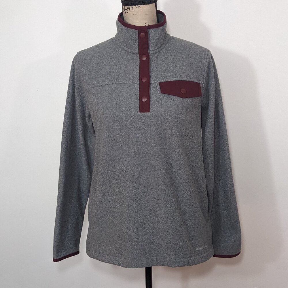 Eddie Bauer Fleece Sweatshirt Womens Gray Burgundy Snap Long Sleeve Pocket M